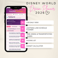 Promotional graphic for a Disney World Dream Planner 2026 digital planner, shown on a smartphone screen with feature callouts including live daily view, lightning lane schedule planner, ride dining & transportation guides, packing list, and budget calculator.