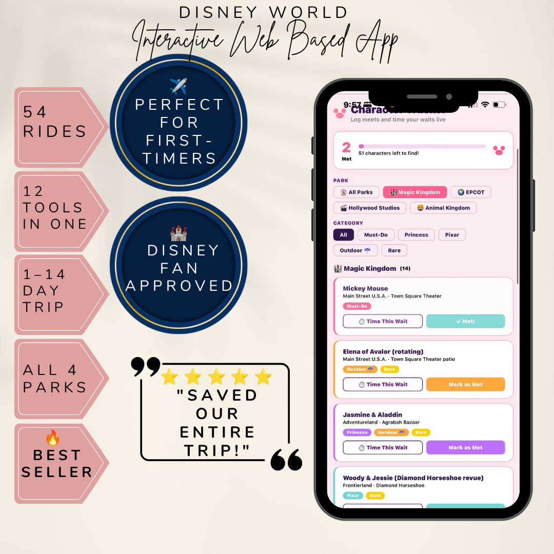 Promotional graphic for the Disney World Interactive Web Based App, featuring a smartphone mockup displaying the app interface, several pink badge-style callouts, and two dark blue circular endorsements on a light beige background.